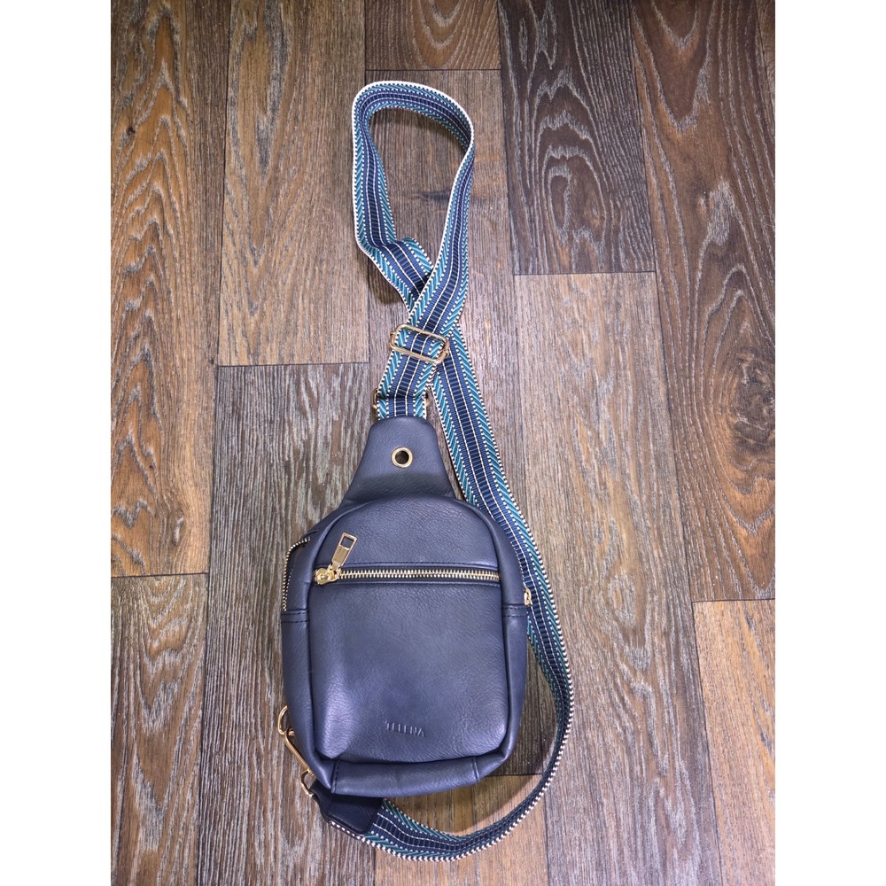 Telena Navy Blue Vegan Leather Sling Bag Crossbody with Patterned Guitar Strap